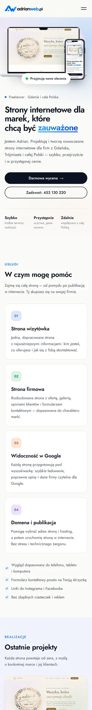 The adrianweb.pl website – mobile view